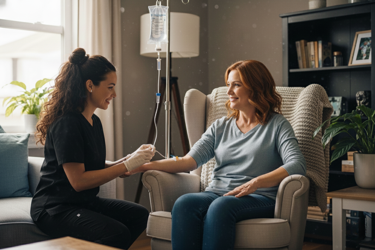 Licensed professional providing mobile IV therapy in a private home